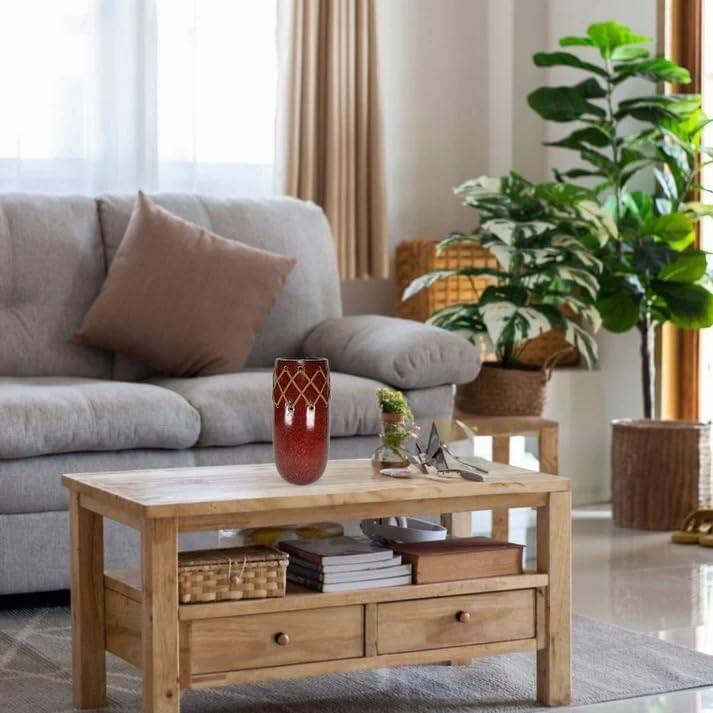 Aria Home Oblong Red Ceramic Vase With Leather Stitch Santa Fe Art