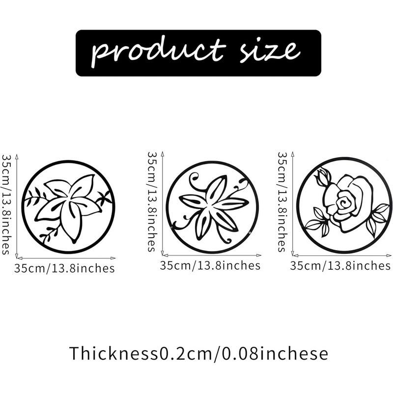 3-Piece Black Metal Floral Wall Art Set - Round Hollow-Out Design