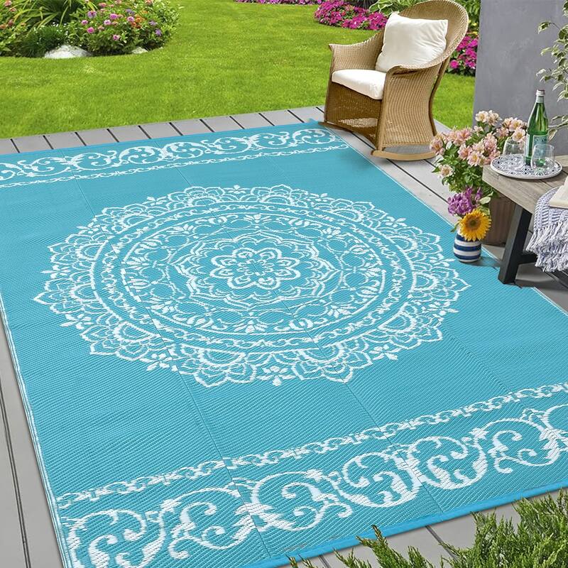 Outdoor Rug Reversible Patio Rug Plastic Straw Rug Waterproof Lightweight Rug - 8'x10' - Light Blue