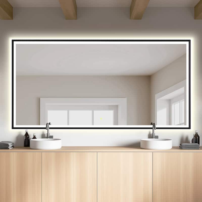 Apollo Rectangular Anti-Fog Dimmable Modern Bathroom/Vanity LED Lighted Wall Mirror in Matte Black Aluminum Framed