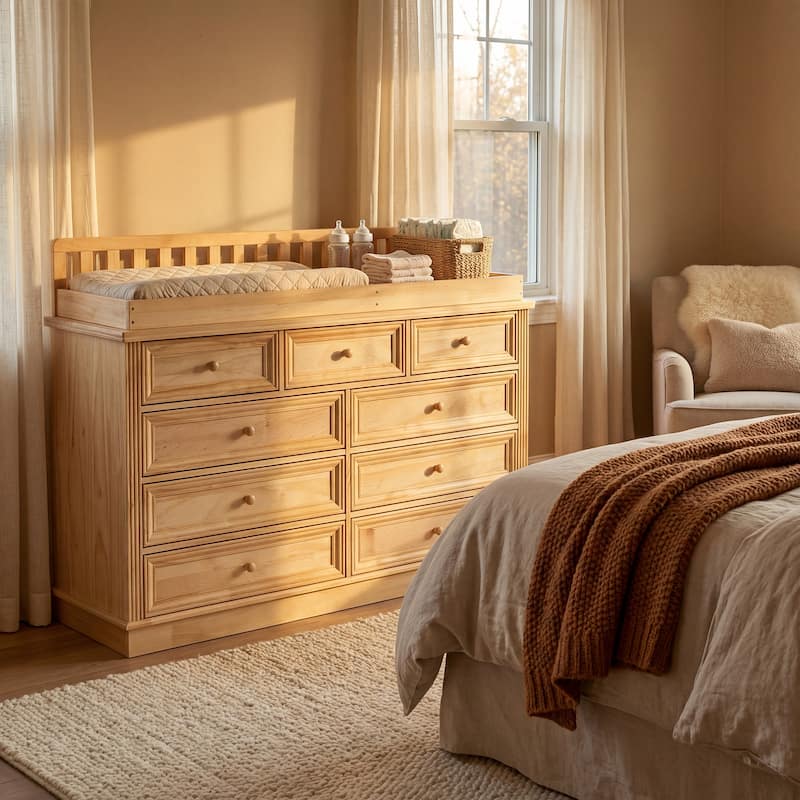 Solid Pine Wood Baby Changing Table Dresser with 9 Drawers – Natural Finish Nursery Dresser with Removable Changing Topper