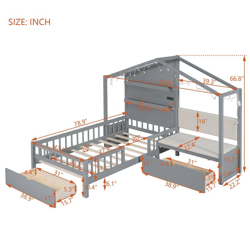 Stylish Twin House Bed with Sofa, Charging Station, Drawers & Shelves, Perfect for Space-Saving Comfort