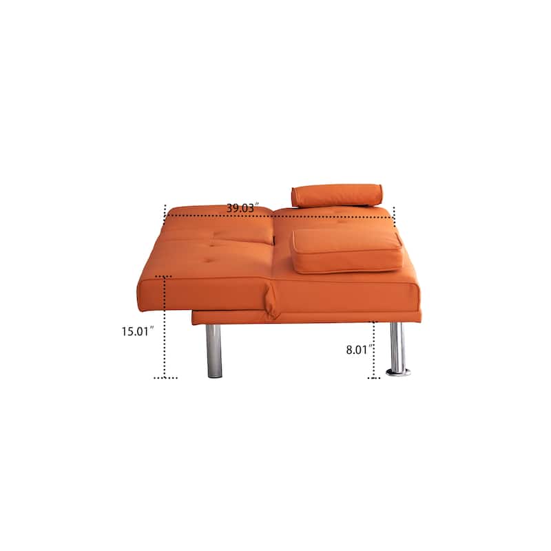 Classic PVC Leather Upholstered Convertible Futo Sofa Bed with Cup Holders