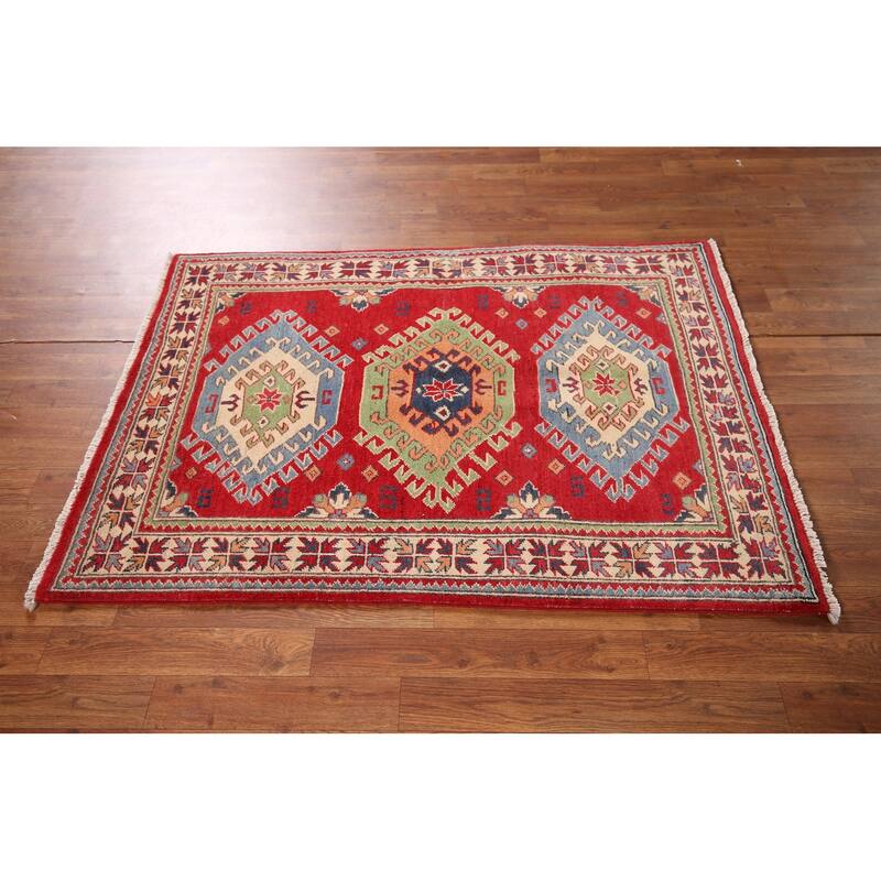 Geometric Kazak Accent Rug Hand-Knotted Red Wool Carpet - 3'4" x 4'7"