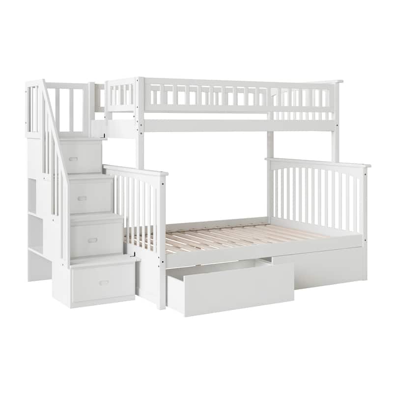 AFI Columbia Twin over Full Size Staircase Bunk Bed with Bed Drawers & Charging Station in White
