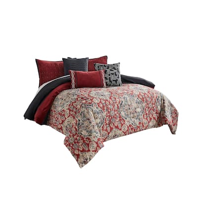 9 Piece Queen Size Comforter Set with Medallion Print, Red and Blue