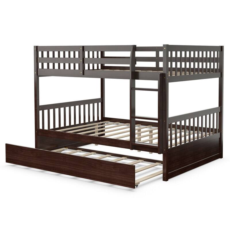 Gymax Full over Full Bunk Bed Platform Wood Bed w/ Trundle & Ladder - Brown - Full