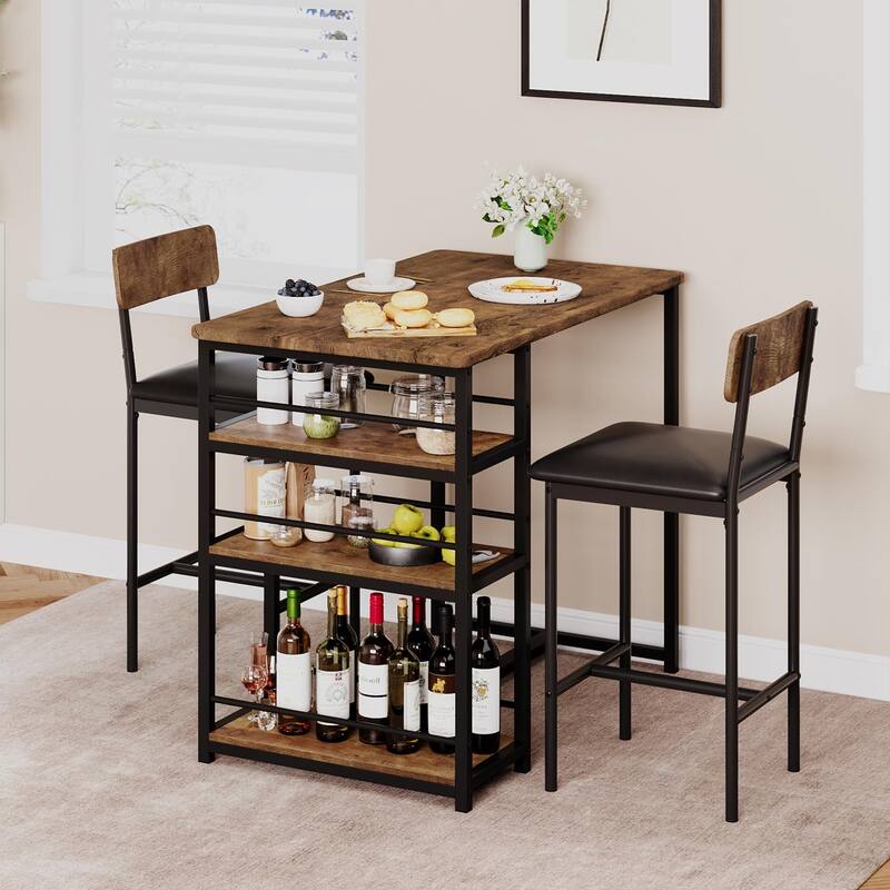 3 Piece Counter Height Bar Kitchen Table Set with 3 Storage Shelves for Apartment