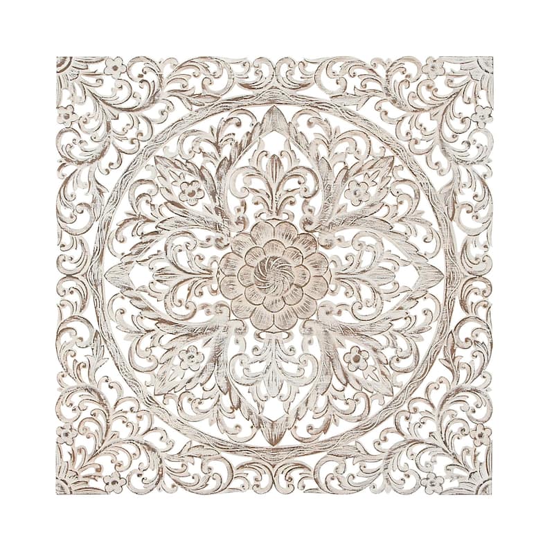 Wood Floral Handmade Intricately Carved Mandala Home Wall Decor with Brown Distressing - White - Roche River Decor