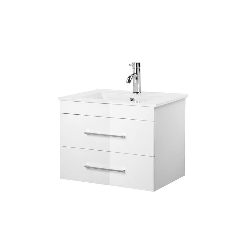 Wood Grain Wall-Mounted Bathroom Vanity with Double Drawers,Soft-Close System,Ceramic Sink,and Aluminum Frame Mirror