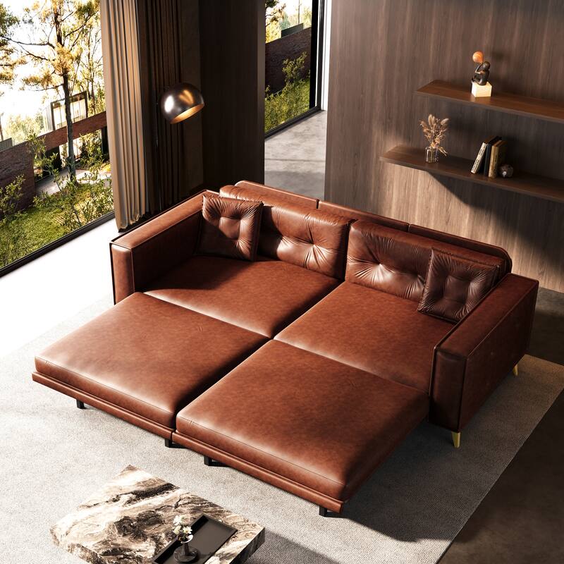 Oversized 3-in-1 Convertible Sofa Bed, 92.1" Faux Leather Square Arms Loveseat, Modern Pull-Out Sleeper Couch with Pillows