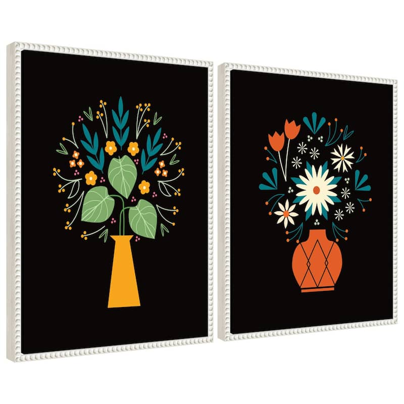 Kate and Laurel Sylvie Beaded Floral Yellow and Red Vases Framed Canvas Art Set by Amber Leaders - 2 Piece Set 18x24 - White