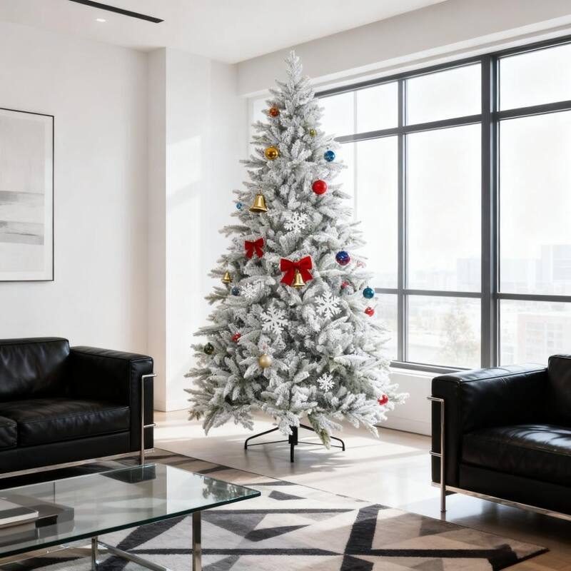 Flocked Artificial Christmas Tree - Snow Tips, Hinged Branches, Festive Decor - Green