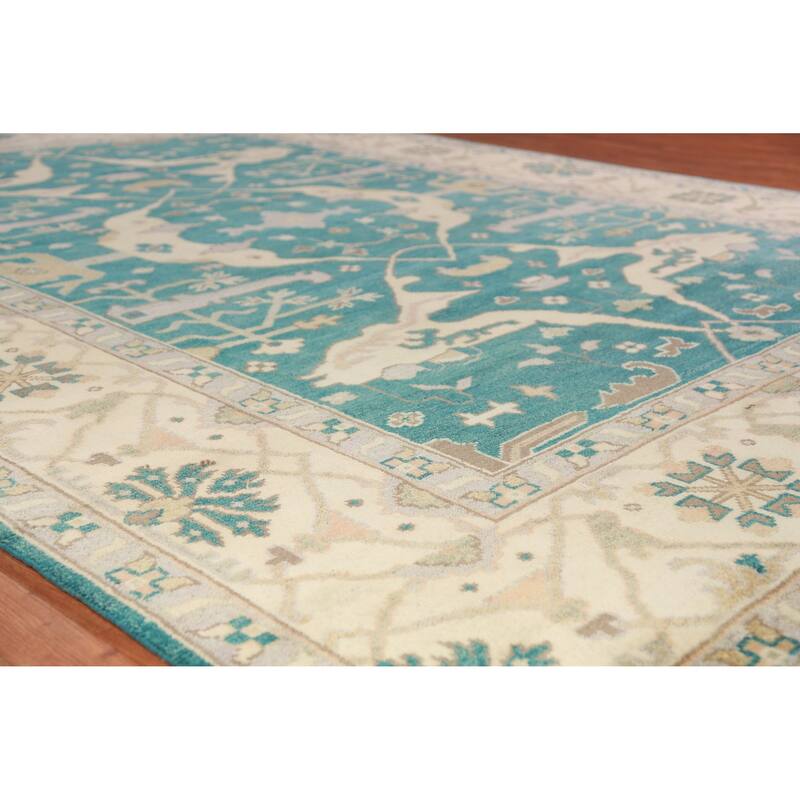 Teal Blue Oushak Indian Area Rug Hand-Knotted Wool Carpet - 9'2" x 11'11"