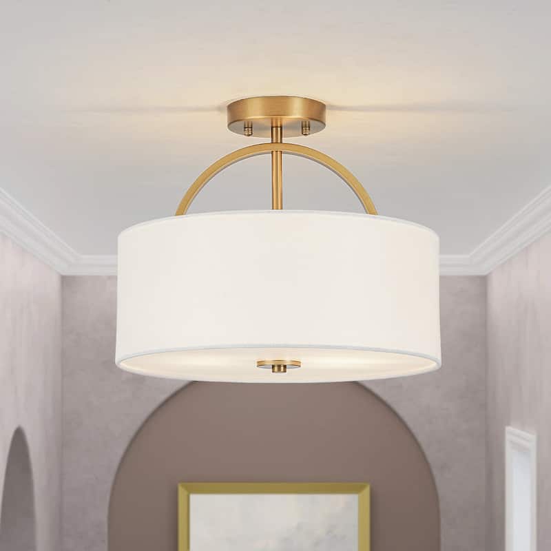 Contemporary 2-Light White Linen Drum Semi Flush Light 15in Wide