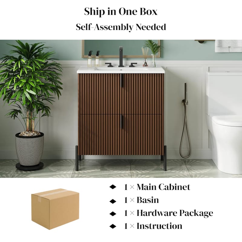 30" Bathroom Vanity with Ceramic Sink, Fluted Design, Full-Extension Drawers, Soft Close Drawer Slides