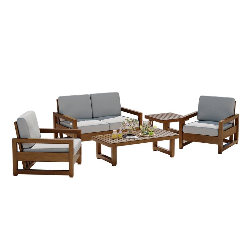 5-Piece Patio Wood Conversation Set with Loveseat, Chairs and Tables