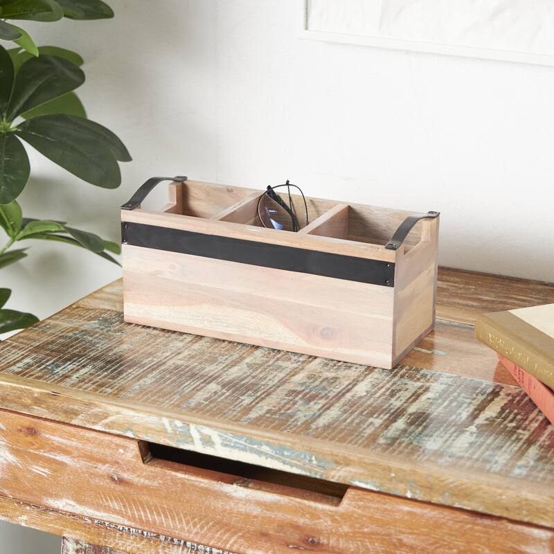Mango Wood 3 Section Living Room Decor Tray with Black Metal Handles - Brown or Beige - Roche River Decor
