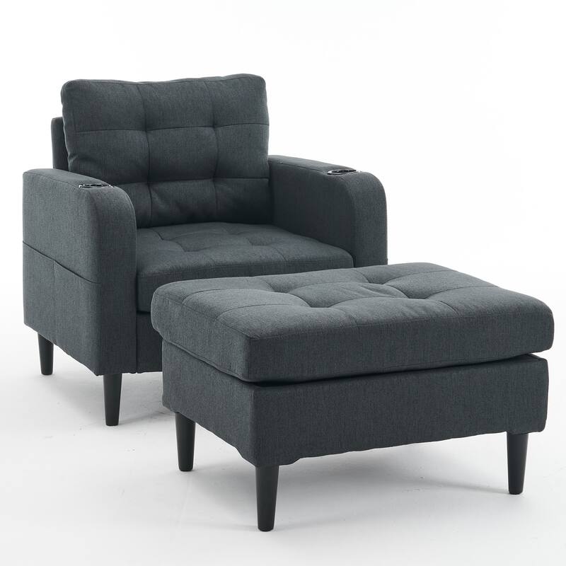 Modern 31.5" Upholstered Buttons Tufted Arm Chair with Storage and Cup Holders for Living Room