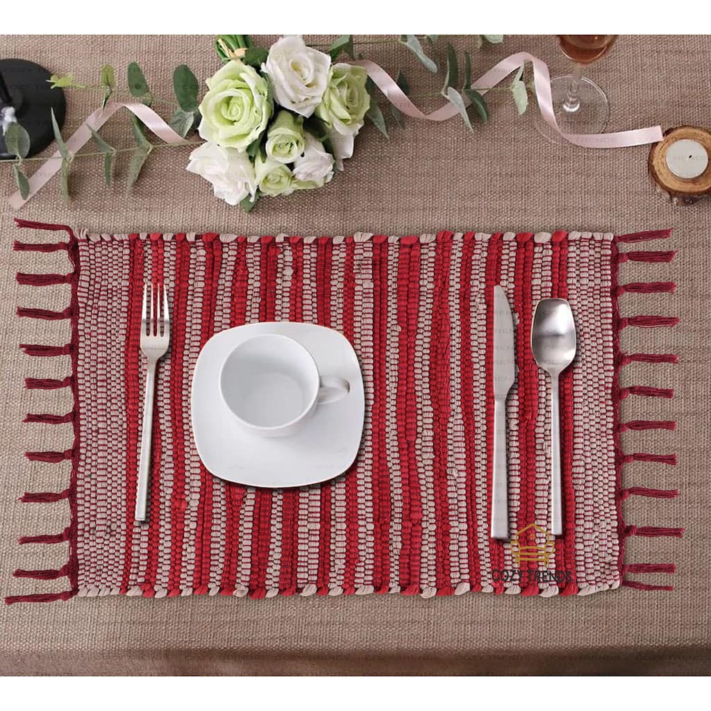 100% Cotton Woven Placemats for Dining Room - Rectangle 14''x20'' with Fringes - Set of 2 - Washable