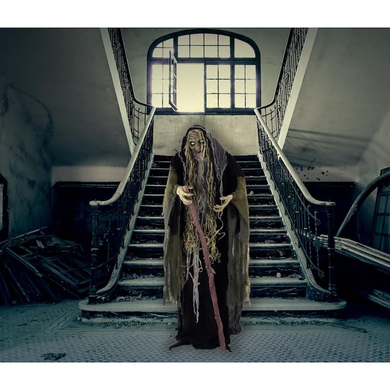 Haunted Hill Farm 5.7-Ft. Life-Size Talking Animatronic Witch with White Eyes