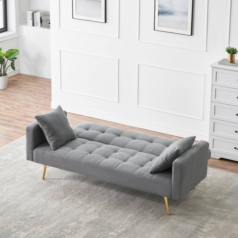 71" Modern Teddy Velvet Sofa Bed Folding Couch with Two Throw Pillows for Living Room