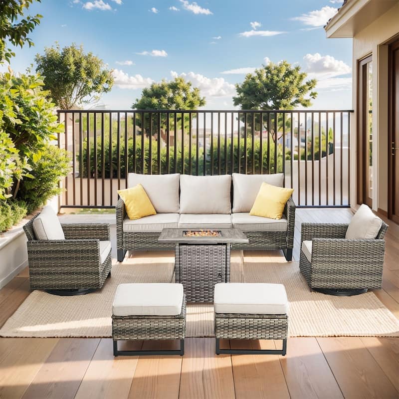 Outdoor Pocassy Sofa Chairs Set with Fire Table - Grey Wicker Beige Cushion - 6 Pieces