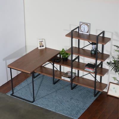 L - Shaped Home Office Desk with 6 Walnut Shelves