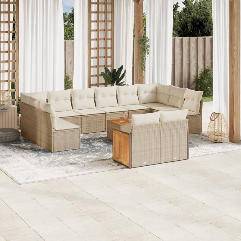 vidaXL Patio Sofa Set with Cushions Outdoor Conversation Furniture Poly Rattan - Beige and Cream-With table - 21.7 x 21.7 x 14.6