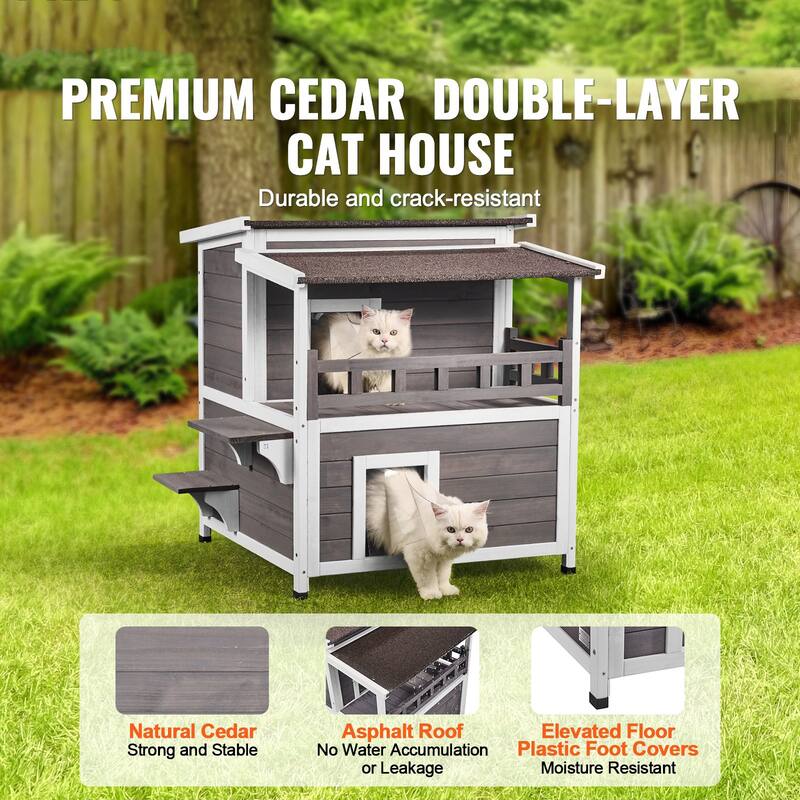 Grey Wooden Outdoor Double Layer Cat House with Jumping Platform and Asphalt Roof - 30” x 30” x 32”