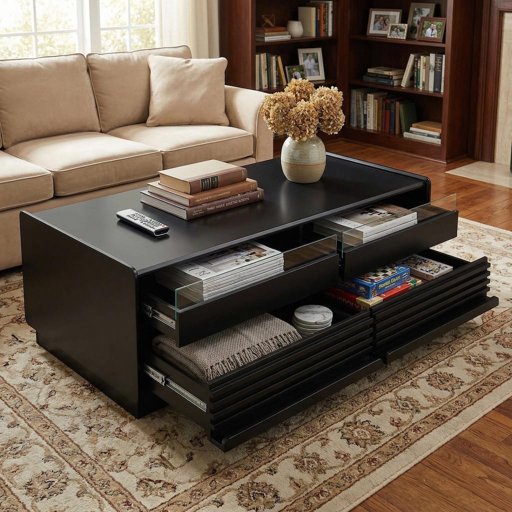 Homy Casa 47.2" Rectangle Coffee Table with 4 Drawers, Hidden Side Storage, Metal Handles & Solid Wood Legs