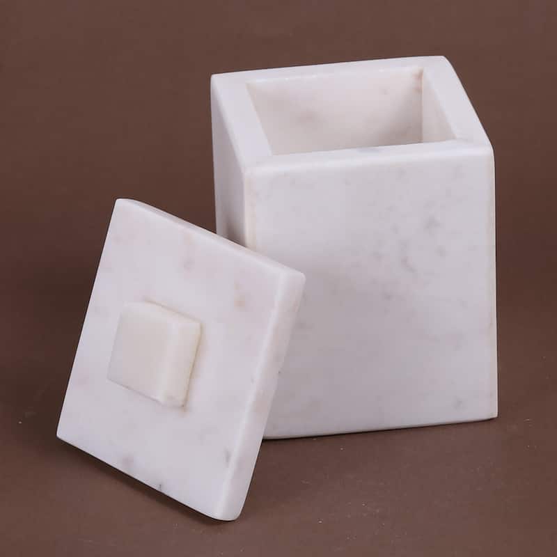 Creative Home Off-White Marble Cotton Ball Swab Holder, Bathroom Storage Jar