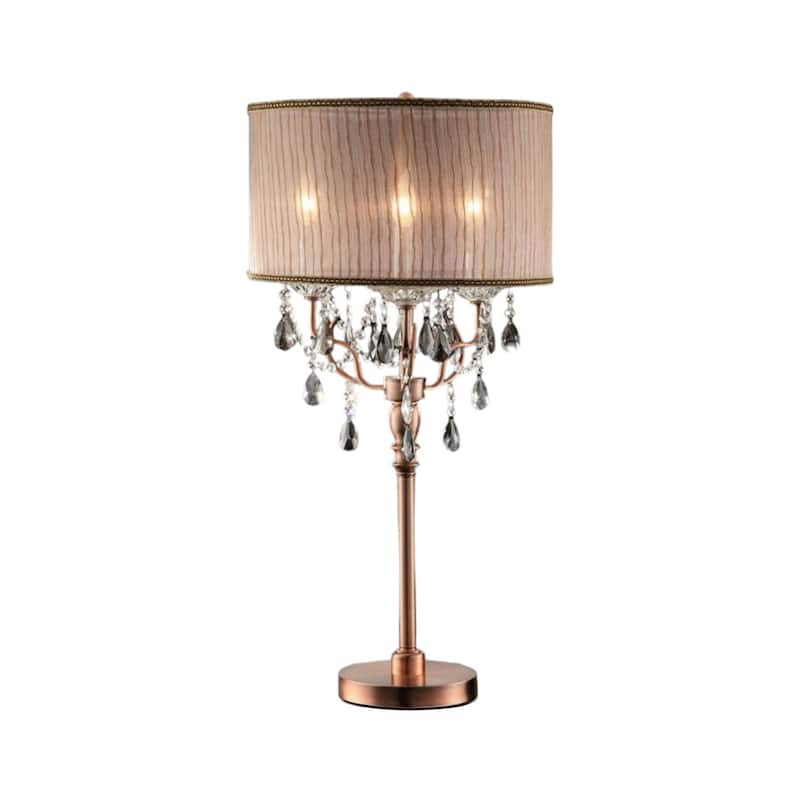 Copper Metal Bedside Lamp with Brown Cotton Drum Shade Faux Crystal Accents In-Line Switch - 17” x 17” x 32” (D x W x H) - Brown-Copper
