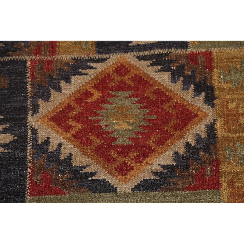 All-Over Geometric Kilim Indian Area Rug Hand-Woven Wool Carpet - 7'8"x 9'10"