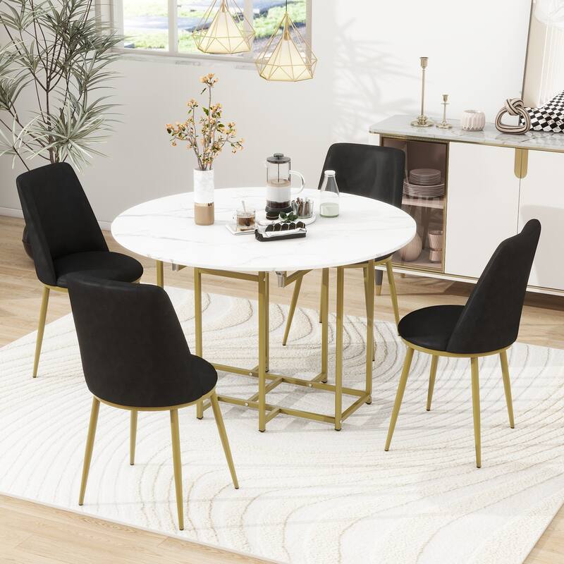 5-Piece Extendable Kitchen Dining Table Set, Round Faux Marble Top with Golden Frame and 4 Upholstered Chairs - Black