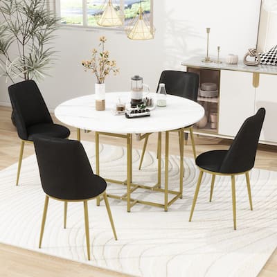 5-Piece Extendable Kitchen Dining Table Set- Round Faux Marble Top, 4 Upholstered Chairs, Compact Foldable Design