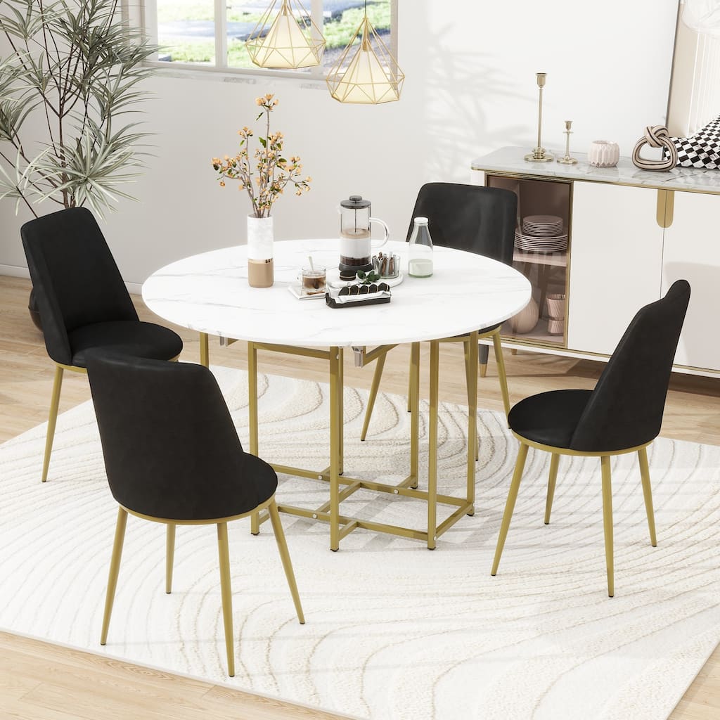 5-Piece Extendable Kitchen Dining Table Set- Round Faux Marble Top, 4 Upholstered Chairs, Compact Foldable Design