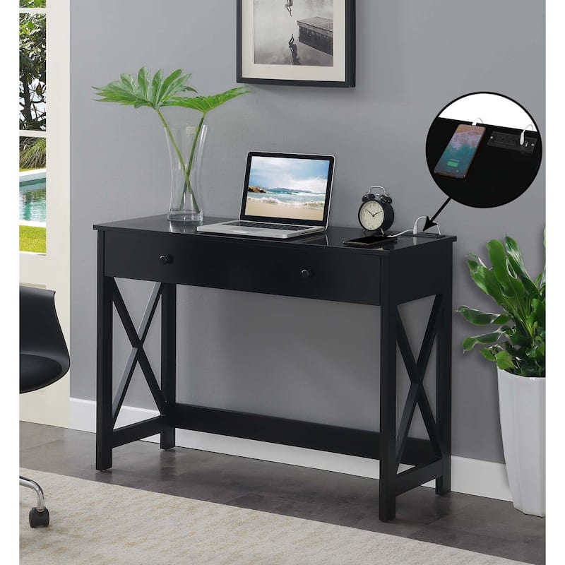 42 Inch Desk with Charging Station - Modern Computer Writing Table with Storage Drawer