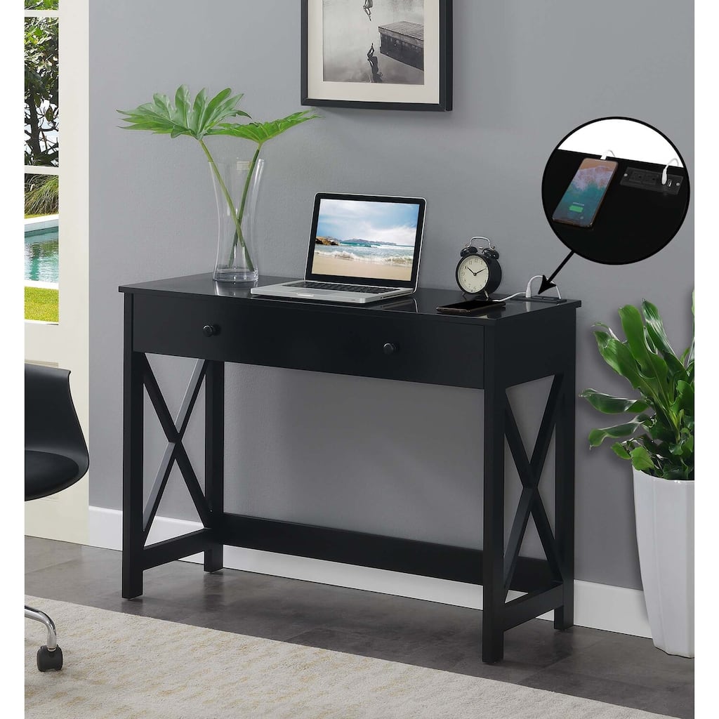 42 Inch Desk with Charging Station - Modern Computer Writing Table with Storage Drawer