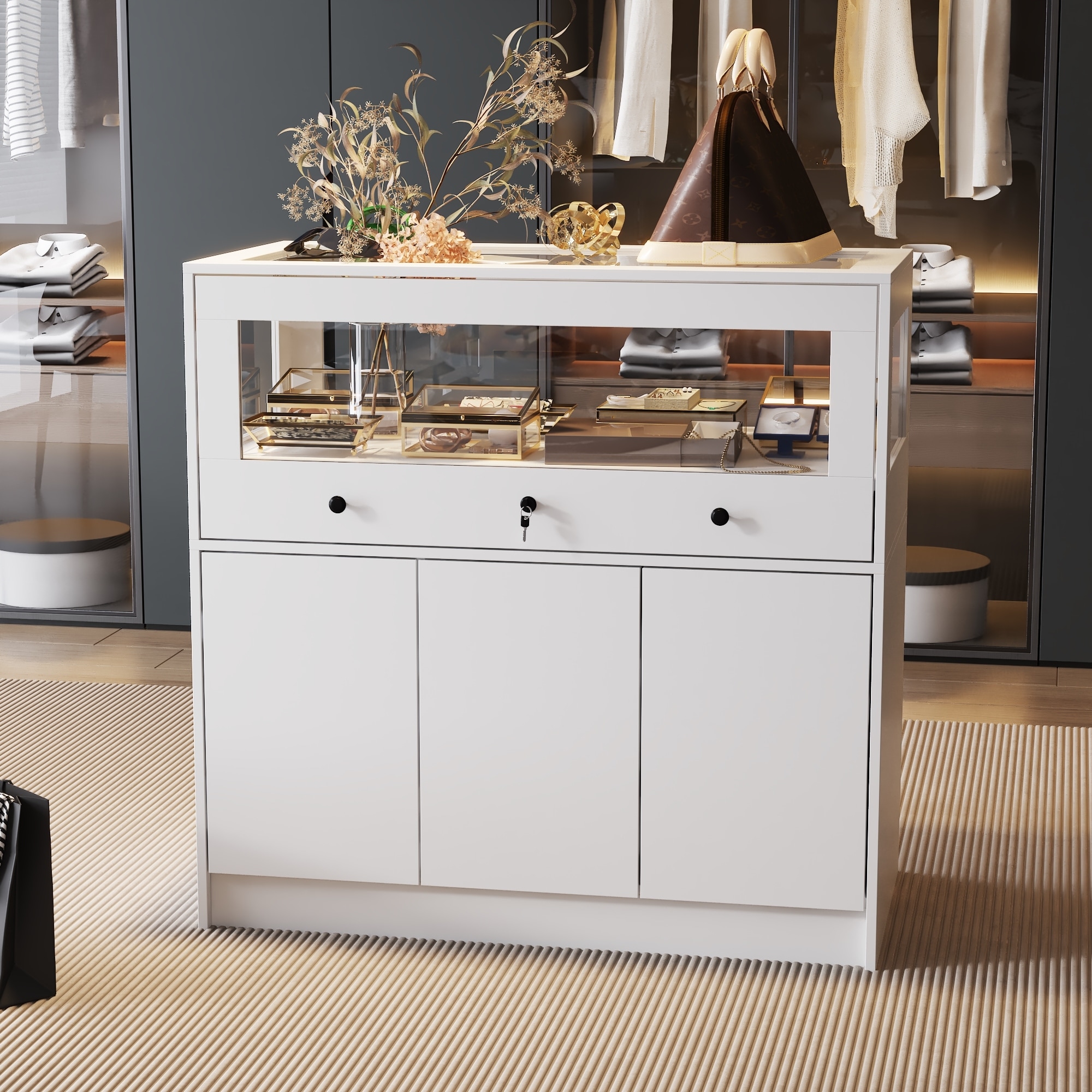 Jewelry and Display Cabinet with Glass Top and Secure