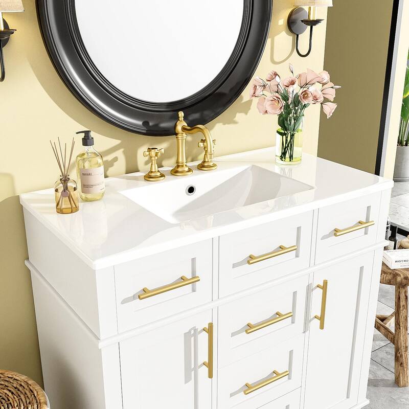 36" White Bathroom Vanity Cabinet With Versatile Storage - 4 Soft Close Drawers 1 Adjustable Shelf, 2 Soft Close Doors