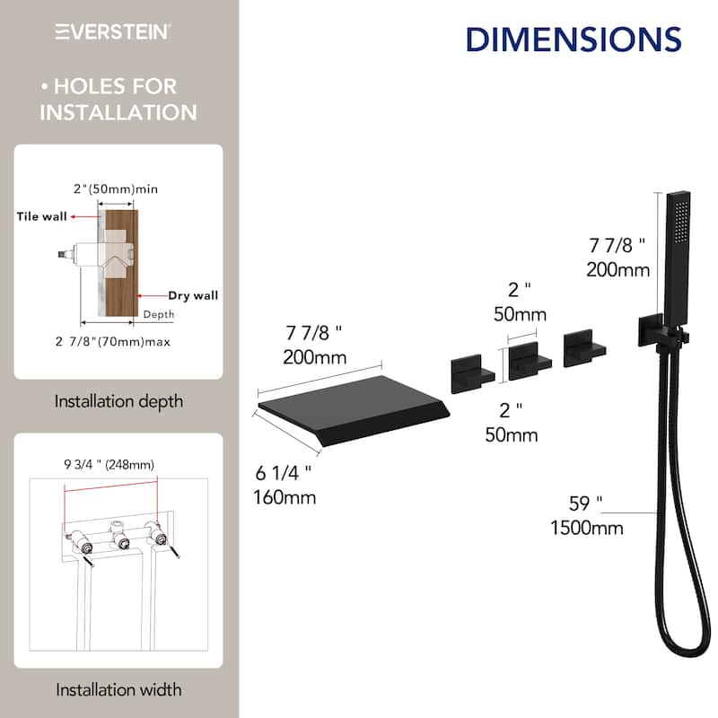 Waterfall Tub Faucet with Rough-in Valve,Wall Mounted Tub Spout with Handheld Shower