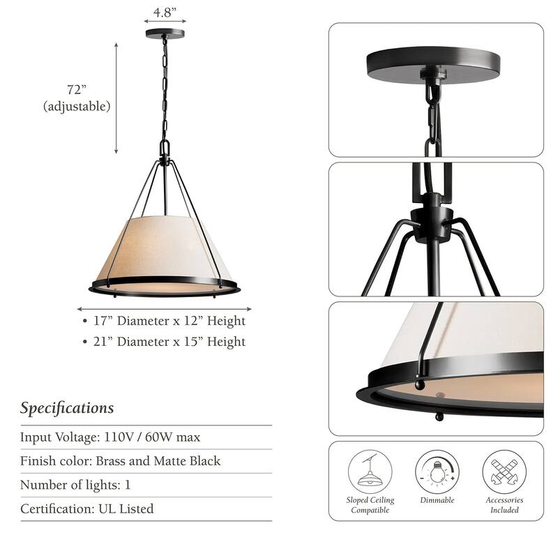 Draven Modern Pendant Light - Metal, Fabric & Gold, Matte Black Light Fixture For Modern, Contemporary, Minimalist Room Decor