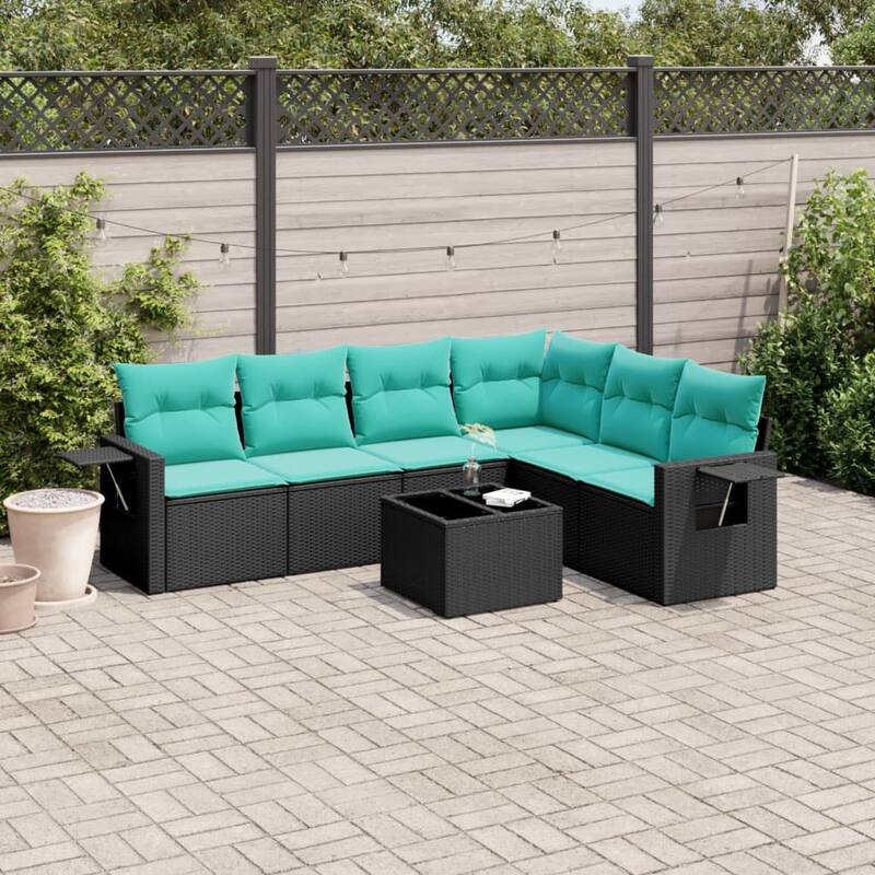 vidaXL 6 Piece Patio Sofa Set with Cushions Black Poly Rattan - 24.4x27.2x24.4-With table