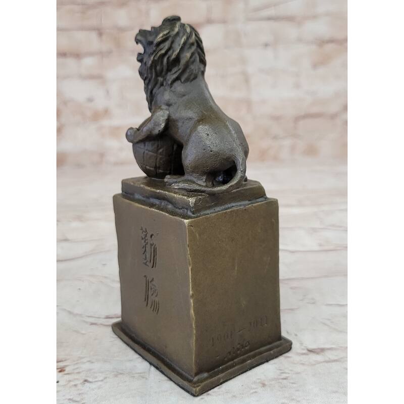 Regius Palace Chinese Guardian Lion Earth Globe Bronze Statue Sculpture Decor