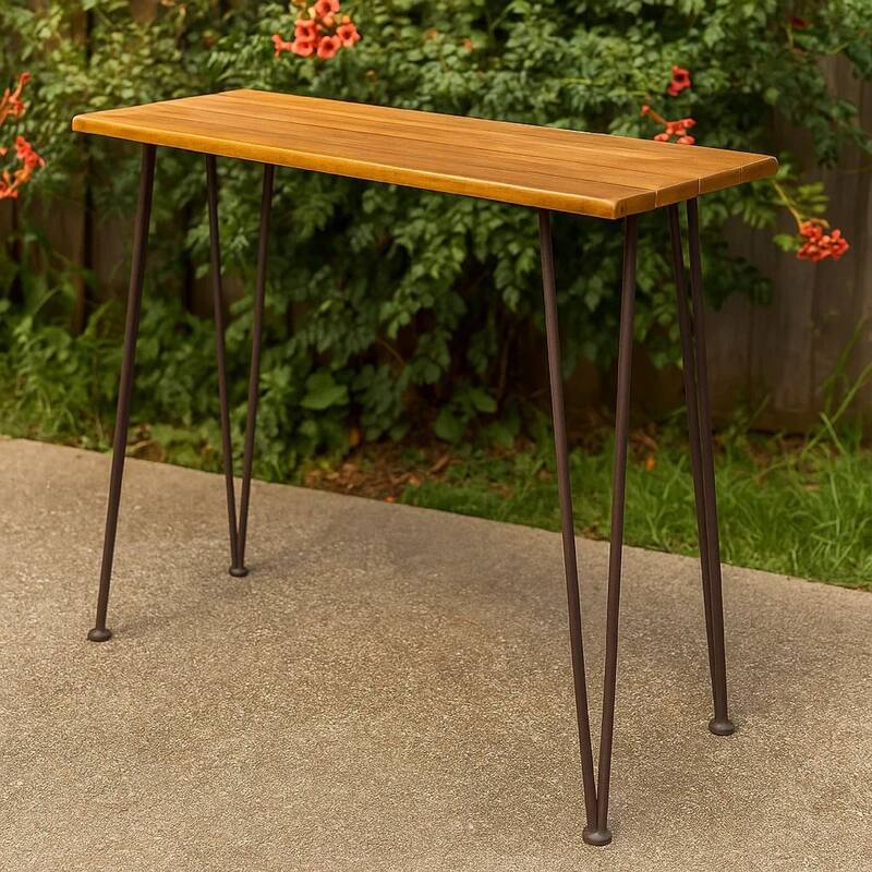 Rih Outdoor Bar Height Table, 47 Inch, Hairpin Legs, Brown Acacia Wood