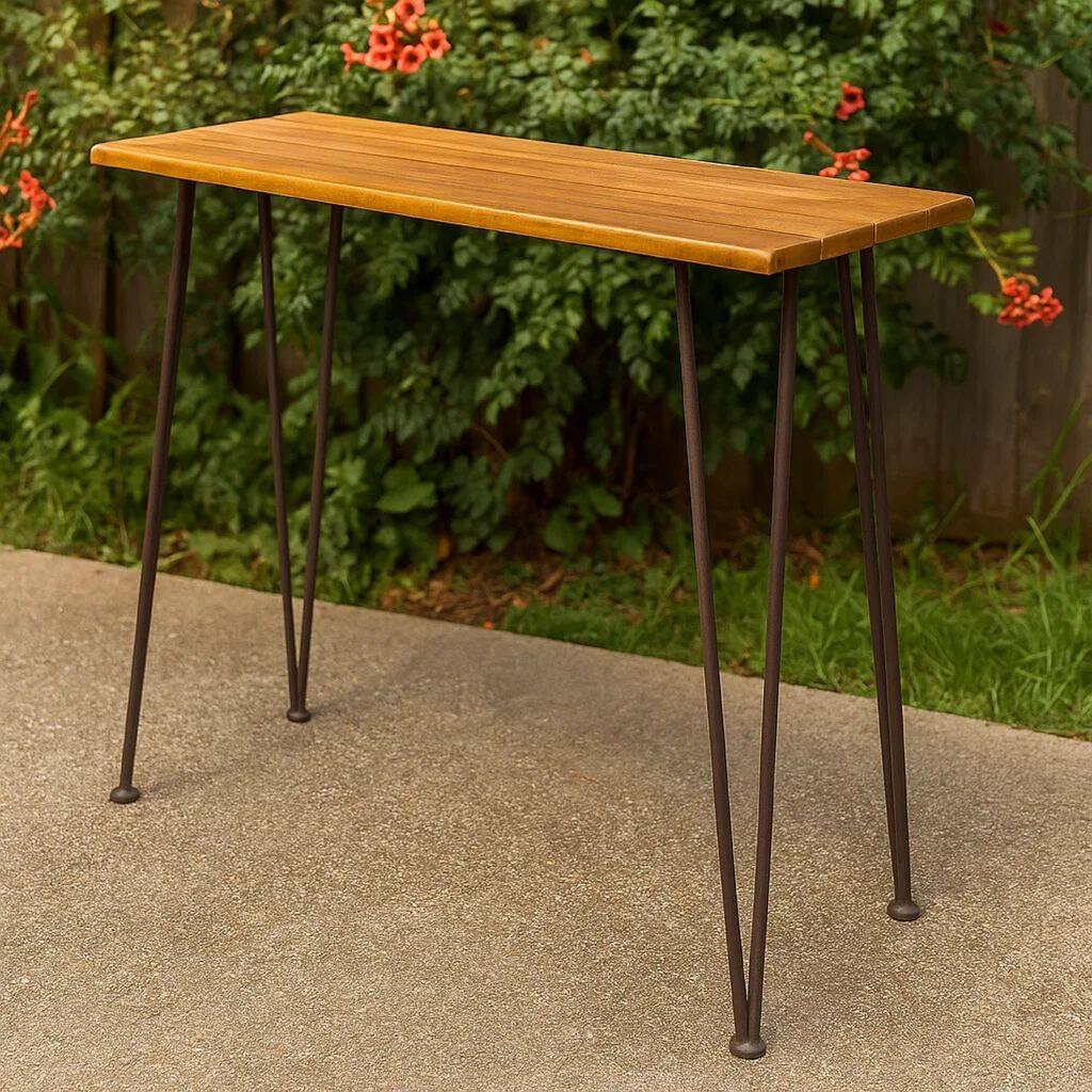 Rih Outdoor Bar Height Table, 47 Inch, Hairpin Legs, Brown Acacia Wood