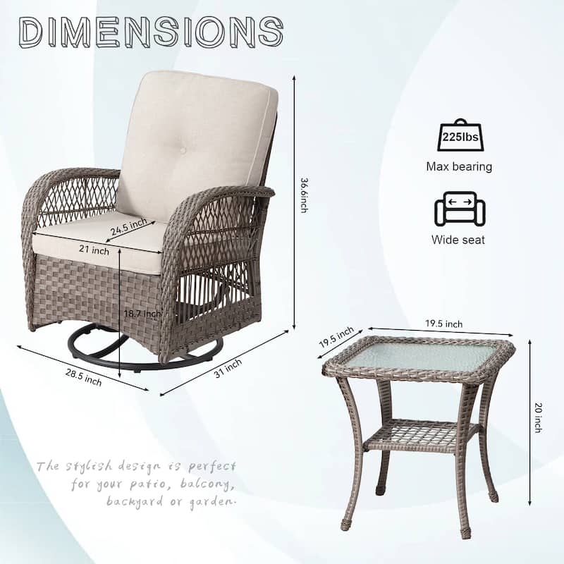Cozywor 3-Piece Wicker Outdoor Patio Swivel Rocking Chair Set