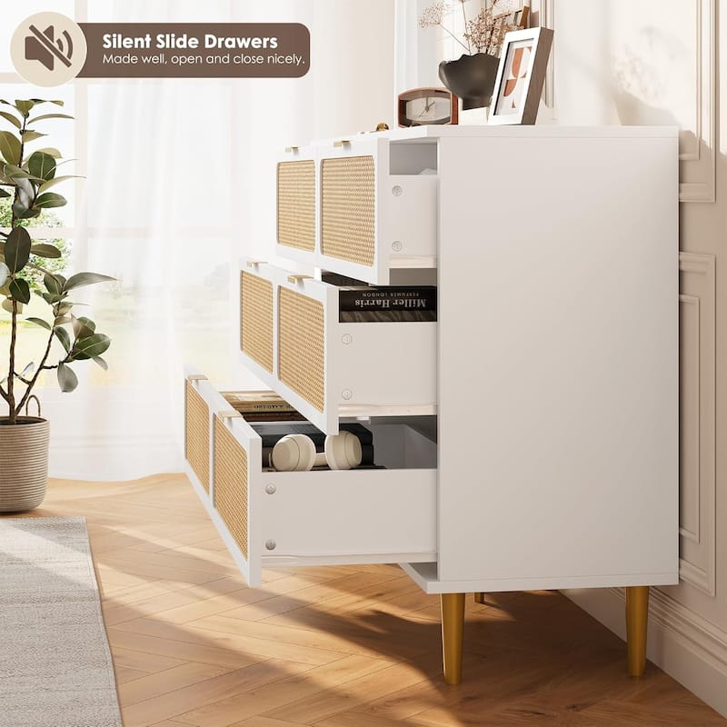 Rattan 6 Drawer Dresser for Bedroom, Double Chest with Deep Drawers and Wide Top for Living Room, Hallway, or Closet
