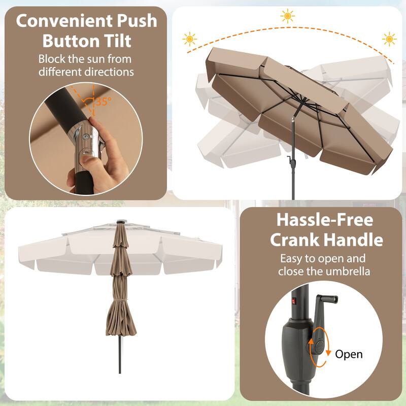 10FT Polyester Patio Umbrella with Solar Lights and Tilt Crank 3-Tier Vented Shade for Backyard